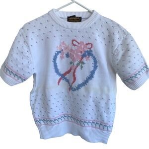 Vintage Eddie Bauer Womens Sweater Large Heart Floral Short Sleeve Grandma 1989